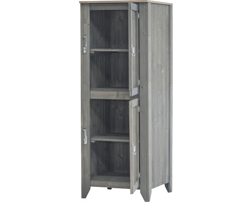 Armoire en bois grise avec portes ouvertes et étagères