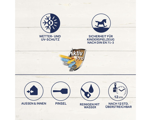 Wetterschutz, UV-Schutz, Sicherheit für Kinderspielzeug nach DIN EN 71-3, geeignet für Aussen- und Innenbereich, Pinsel, Reinigung mit Wasser, nach 12 Stunden überstreichbar