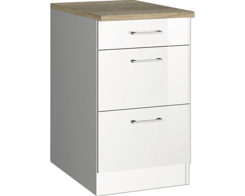 Armoire à tiroirs coulissants Held Möbel Mailand largeur 50 cm blanc Meuble bas avec trois tiroirs et plan de travail
