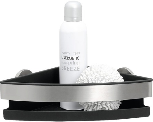 Étagère d''angle avec flacon de shampooing et éponge de bain