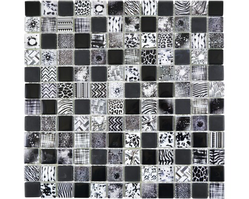 Mosaïque en verre Quadrat Crystal mélange de noir Carreau de mosaïque avec motif animalier en noir et blanc