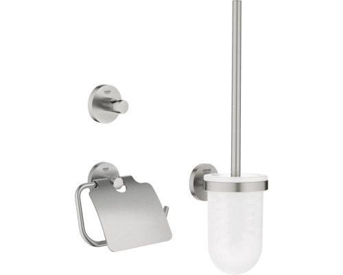 Accessoires de salle de bains Grohe Quickfix Start supersteel mat 41204DC0 Set d''accessoires Grohe avec porte-papier toilette, brosse de toilette et crochet