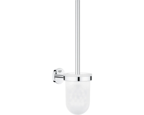 Ensemble brosse WC Grohe Quickfix Start Cosmopolitan chrome brillant 41169000 Logo Grohe. Porte-brosse de toilette mural avec récipient en verre.