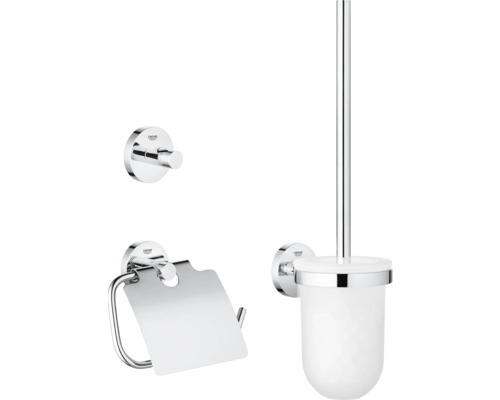 Accessoires de salle de bains Grohe Quickfix Start chrome brillant 41204000 Set d''accessoires Grohe Essentials, comprenant un porte-papier toilette, une garniture de brosse de toilette et un crochet pour vêtements