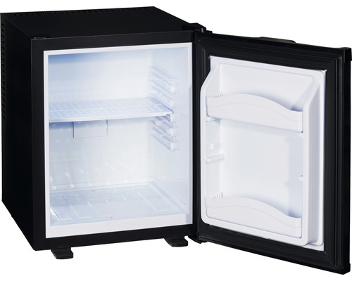 Minibar avec porte ouverte, intérieur avec étagères