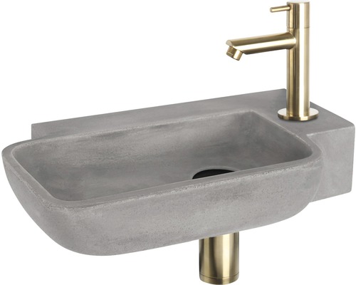 Handwaschbecken - Set inkl. Standventil gold REBA Beton mit Beschichtung grau 36x19 cm