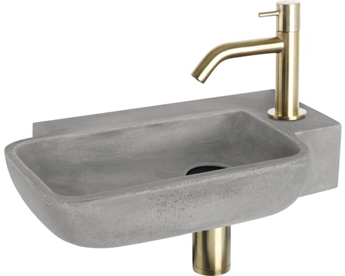 Handwaschbecken - Set inkl. Standventil gold REBA Beton mit Beschichtung grau 36x19 cm