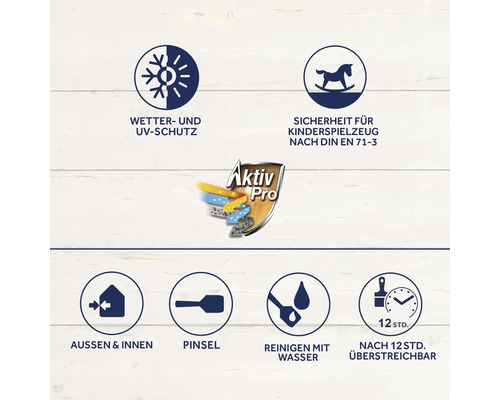 Wetterschutz, UV-Schutz, Sicherheit für Kinderspielzeug nach DIN EN 71-3, für Aussen und Innen geeignet, Pinsel, Reinigung mit Wasser, nach 12 Stunden überstreichbar.