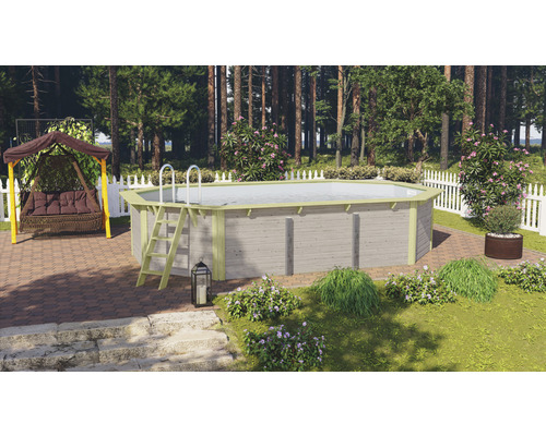 Scène de jardin avec piscine en bois, échelle et balancelle de jardin