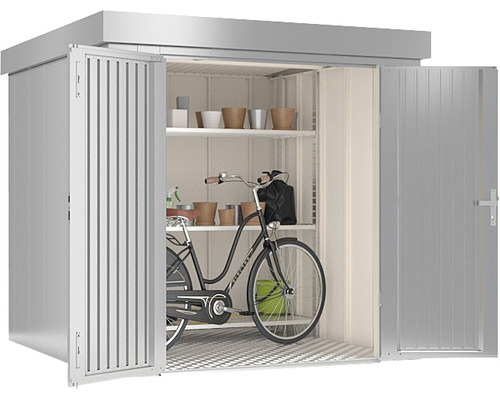 Gerätehaus mit geöffneten Türen, Innenraum mit Fahrrad und Regalen
