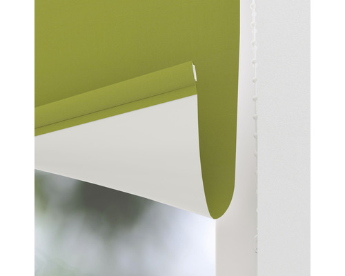 Detailansicht eines grünen Rollos im Fenster