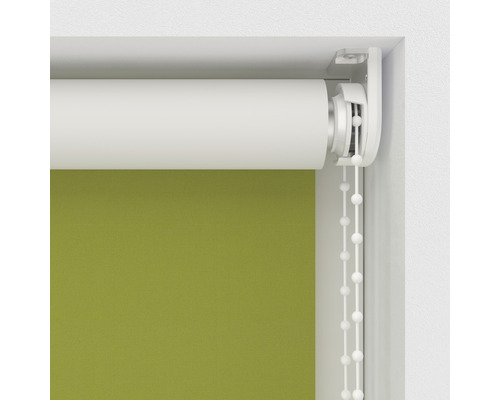 Grüne Fensterrollo mit Kettenzug am Fenster