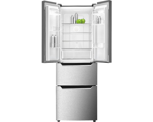 Geöffneter Kühlschrank mit zwei Türen oben und zwei Schubladen unten.