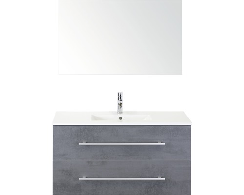 Set de meubles de salle de bains Sanox Stretto lxhxp 101 x 170 x 39 cm couleur de façade béton anthracite avec vasque en céramique blanc et meuble sous vasque vasque en céramique miroir Meuble-lavabo avec miroir, lavabo et deux tiroirs