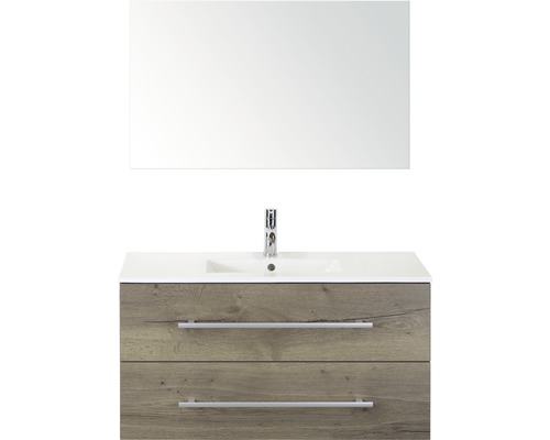 Set de meubles de salle de bains Sanox Stretto lxhxp 101 x 170 x 39 cm couleur de façade tabac avec vasque en céramique blanc et meuble sous vasque vasque en céramique miroir Ensemble de meuble-lavabo avec miroir, lavabo, robinet et meuble bas avec deux tiroirs