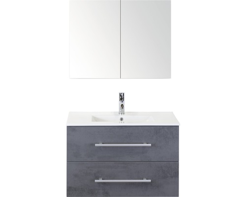 Set de meubles de salle de bains Sanox Stretto lxhxp 81 x 170 x 39 cm couleur de façade béton anthracite avec vasque céramique blanc Ensemble de meubles de salle de bains avec lavabo, meuble sous-vasque à deux tiroirs et armoire de toilette
