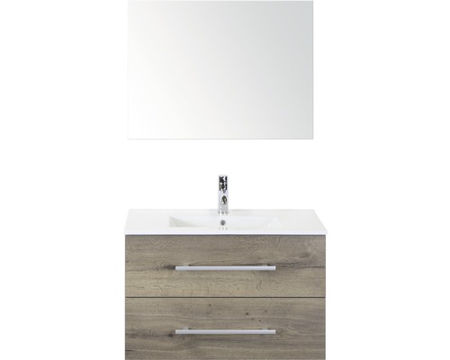 Set de meubles de salle de bains Sanox Stretto lxhxp 81 x 170 x 39 cm couleur de façade tabac avec vasque en céramique blanc et meuble sous vasque vasque en céramique miroir Meuble-lavabo avec miroir, lavabo, robinet et deux tiroirs
