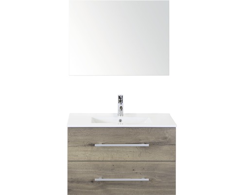 Set de meubles de salle de bains Sanox Stretto lxhxp 81 x 170 x 39 cm couleur de façade tabac avec vasque en céramique blanc et meuble sous vasque vasque en céramique miroir