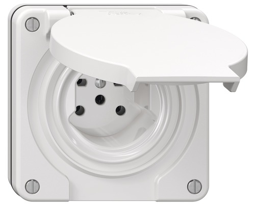 Feller NUP-Steckdose NEVO 1xT15 weiss Feuchtraum Steckdose mit Klappdeckel