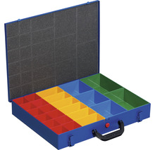 Coffret à outils bleu ouvert avec insert en mousse et boîtes de rangement colorées