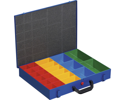 Allit Coffre à outils métal EuroPlus Pro M 44H23 430 x 325 x 63 mm Coffret à outils bleu ouvert avec insert en mousse et boîtes de rangement colorées