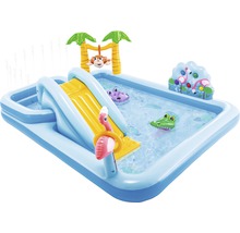 Pataugeoire gonflable avec toboggan, jets d''eau et motifs de jungle