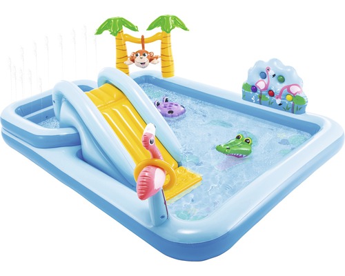 Pataugeoire gonflable avec toboggan, jets d''eau et motifs de jungle