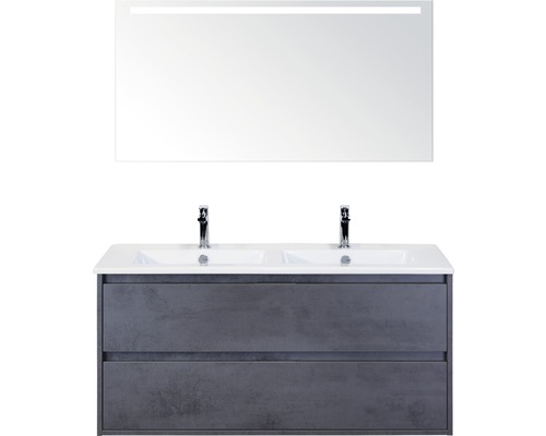 Badmöbel-Set sanox Porto 120 cm beton anthrazit 3-teilig Unterschrank inkl. Keramikdoppelwaschbecken und LED-Spiegel