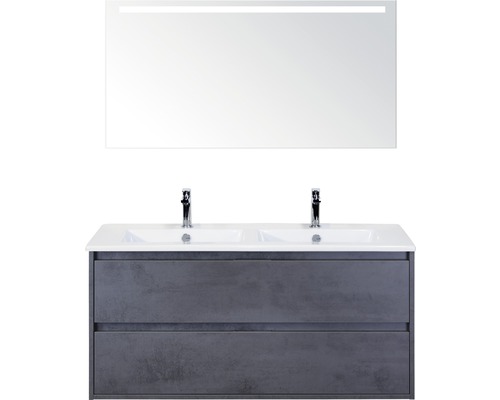 Set de meubles de salle de bains sanox Porto 120 cm béton anthracite 3 pièces meuble bas avec lavabo double en céramique et miroir LED