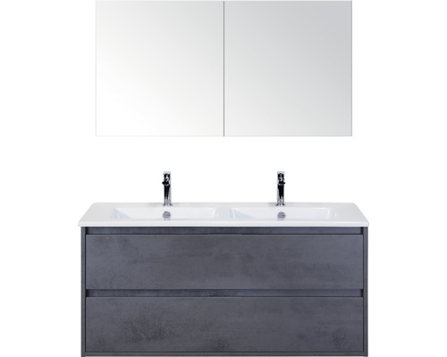 Set de meubles de salle de bains sanox Porto 120 cm béton anthracite 3 pièces meuble bas avec lavabo double en céramique et armoire à miroir