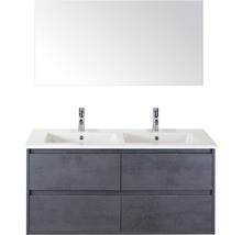 Meuble-lavabo avec deux lavabos, meuble bas avec quatre tiroirs et miroir