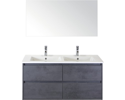 Ensemble de meubles de salle de bains Sanox Porto couleur de façade anthracite béton lxhxp 121 x 170 x 51 cm avec double vasque en céramique et miroir