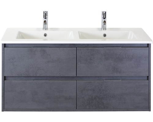 Ensemble de meuble de salle de bains Sanox Porto couleur de façade anthracite béton lxhxp 121 x 57 x 51 cm avec lavabo double en céramique et 4 tiroirs