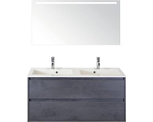 Ensemble de meubles de salle de bains Sanox Porto couleur de façade anthracite béton lxhxp 121 x 170 x 51 cm avec double vasque en fonte minérale et miroir avec éclairage LED