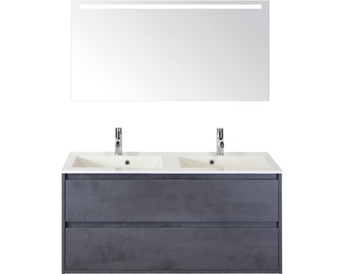 Set de meubles de salle de bains sanox Porto 120 cm béton anthracite 3 pièces meuble avec avec lavabo double en fonte minérale et miroir LED