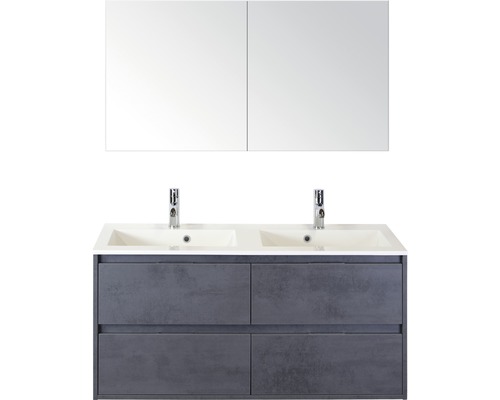 Set de meubles de salle de bains sanox Porto 120 cm béton anthracite 3 pièces meuble bas avec lavabo double en fonte minérale et armoire à miroir