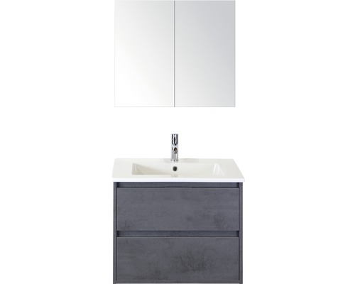 Badmöbel-Set sanox Porto 70 cm beton anthrazit 3-teilig Unterschrank inkl. Keramikwaschbecken und Spiegelschrank
