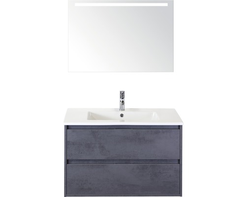 Set de meubles de salle de bains sanox Porto 90 cm béton anthracite 3 pièces meuble bas avec lavabo en céramique et miroir LED