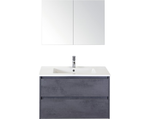 Set de meubles de salle de bains sanox Porto 90 cm béton anthracite 3 pièces meuble bas avec lavabo en céramique et armoire à miroir