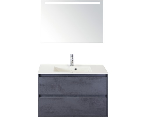 Set de meubles de salle de bains sanox Porto 90 cm béton anthracite 3 pièces meuble bas avec lavabo en fonte minérale et miroir LED