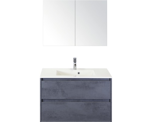 Set de meubles de salle de bains sanox Porto 90 cm béton anthracite 3 pièces meuble bas avec lavabo en fonte minérale et armoire à miroir