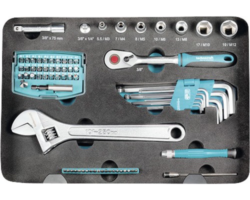Set d’outils Techno Craft avec clé à molette, tournevis, douilles et embouts dans un insert en mousse noire