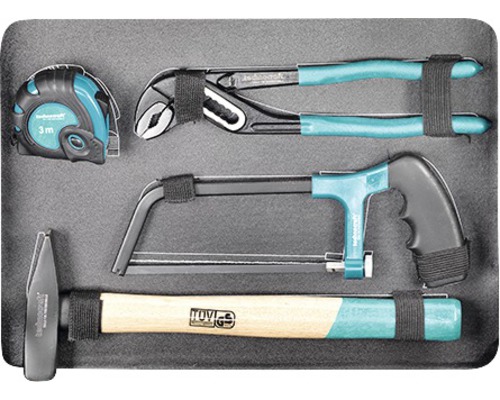 Set d''outils avec marteau, pince multiprise, scie à métaux et mètre ruban dans une boîte à outils