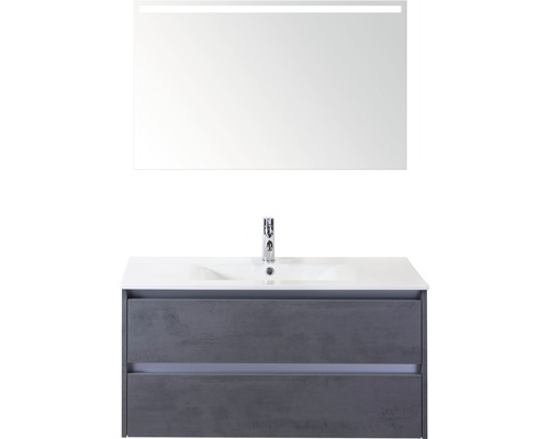 Ensemble de meubles de salle de bains Dante 100 cm avec lavabo en céramique et miroir avec éclairage LED béton anthracite