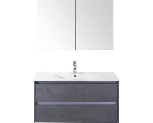 Badmöbel-Set Dante 100 cm mit Keramikwaschbecken und Spiegelschrank Beton anthrazit
