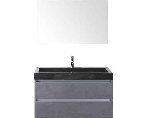 Ensemble de meubles de salle de bains Dante 100 cm avec lavabo en pierre naturelle et miroir béton anthracite Ensemble de meubles-lavabos avec meuble sous-lavabo, miroir et robinet