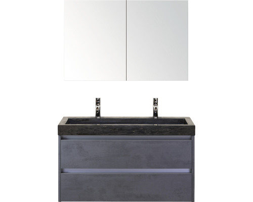 Badmöbel-Set Dante 100 cm mit Natursteinwaschtisch 2 Hahnlöcher und Spiegelschrank Beton anthrazit