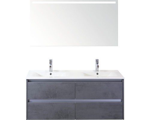 Badmöbel-Set Dante 120 cm mit Doppelwaschbecken Keramik und Lichtspiegel Beton anthrazit