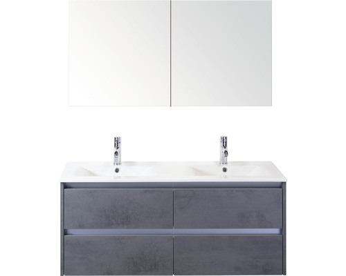 Badmöbel-Set Dante 120 cm mit Doppelwaschbecken Keramik und Spiegelschrank Beton anthrazit