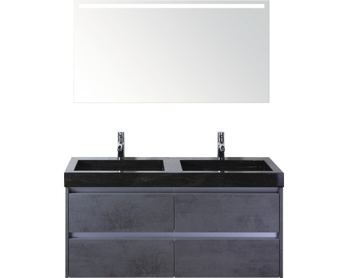 Badmöbel-Set Dante 120 cm mit Doppelwaschbecken Naturstein und Spiegel mit LED-Beleuchtung Beton anthrazit